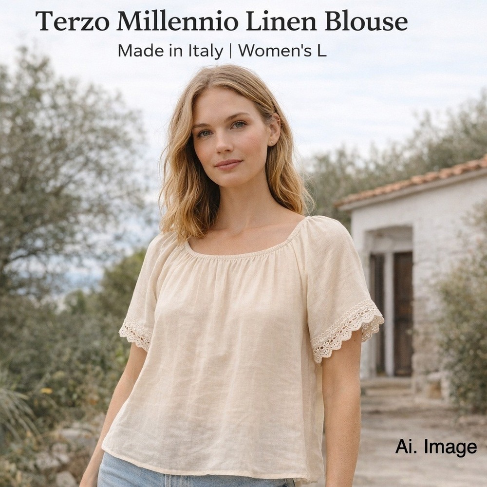 Terzo Millennio Blouse Sz L Blush Pink Linen Crochet Boho Coastal Quiet Luxury